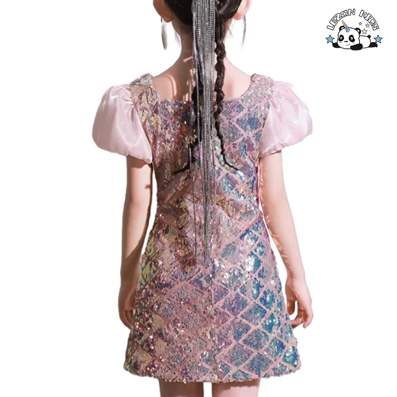 LEZONKIDS - Customizable New Arrival Children's Summer Sequin Party Dress High End Puff Sleeves Girls Dress
